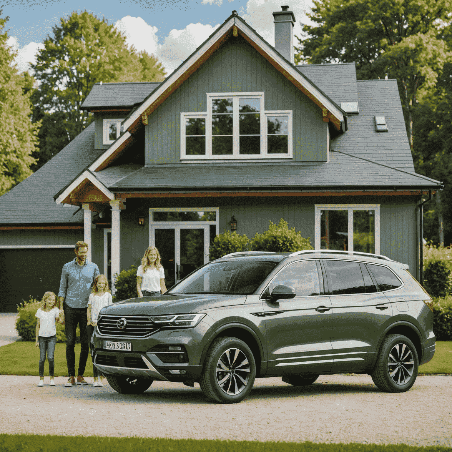 En glad familj står framför sin bil, symboliserande trygghet och säkerhet som Driveshield erbjuder. Bilden visar en modern SUV parkerad framför ett vackert svenskt hem med gröna omgivningar.