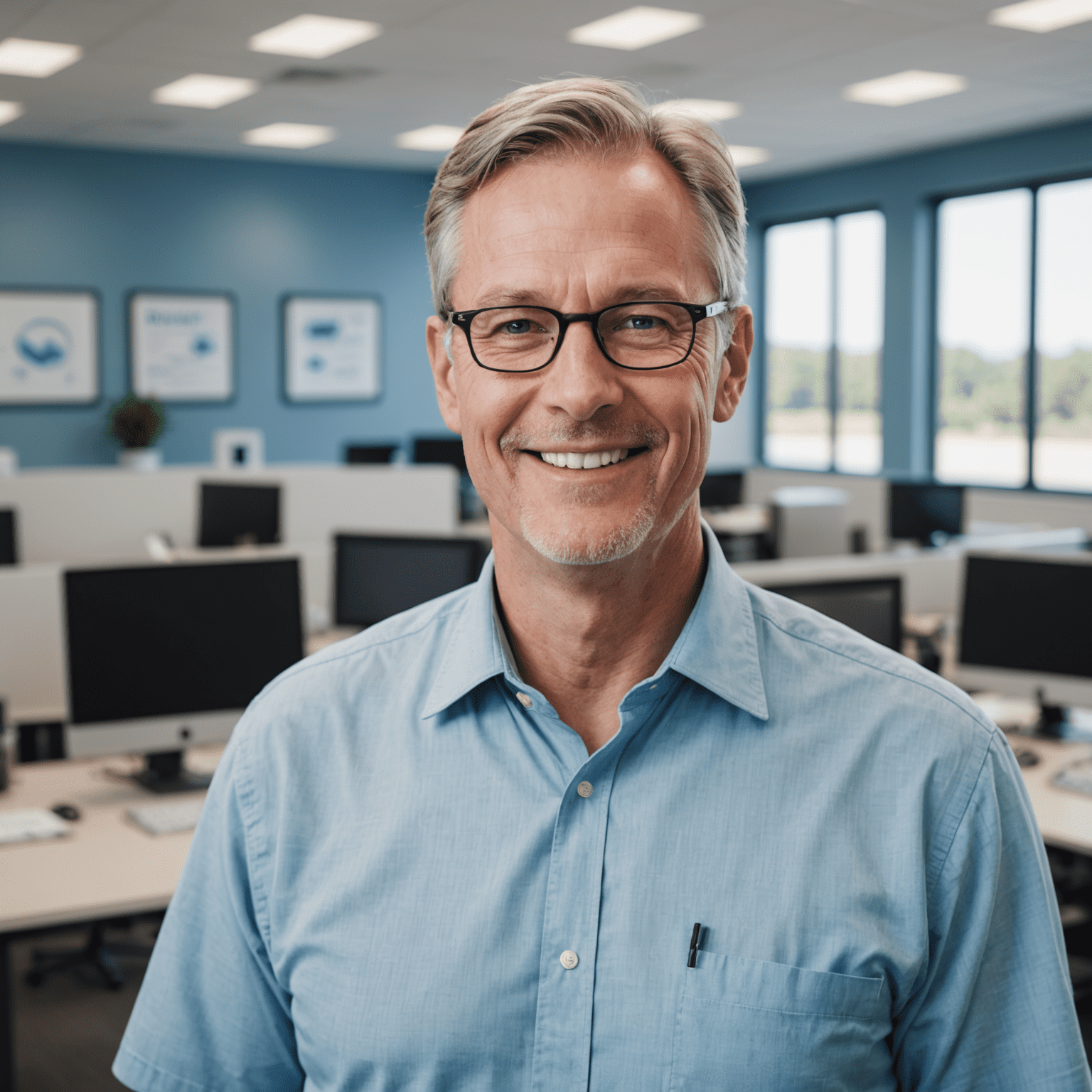 Porträtt av Erik Lindberg, Försäkringschef på Driveshield. En man i 50-årsåldern med grått hår och glasögon, iklädd en ljusblå skjorta, som ler mot kameran i ett kontorsmiljö.